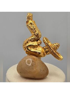 Lucky Gold Tone Sombrero Man Figurine Sitting on Stone Brooch Pin